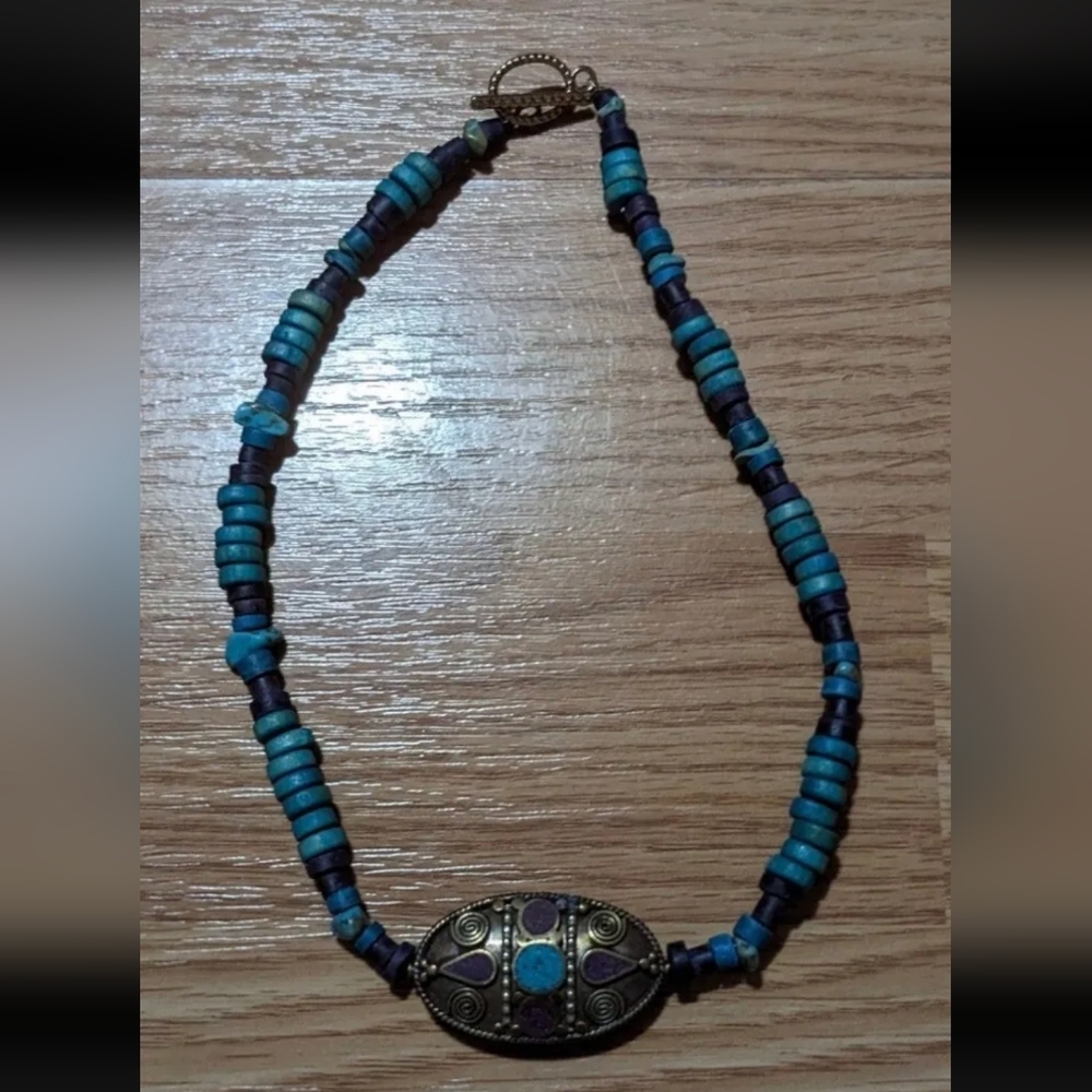 Turquoise Wooden Bead Handmade Necklace Bohemian Gift Idea